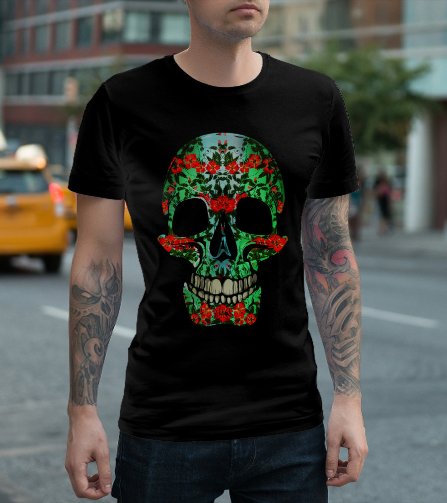 Floral Skull with Red and Green Botanical T-Shirt