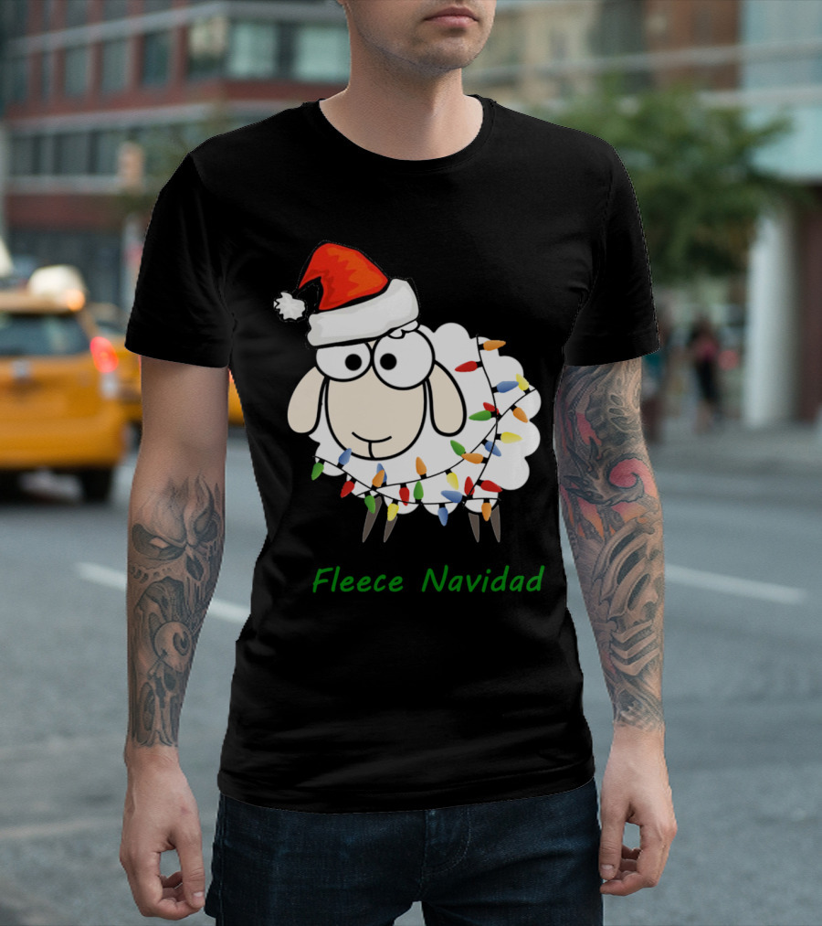 Fleece Navidad Sheep with Santa Hat and Christmas Lights T-Shirt