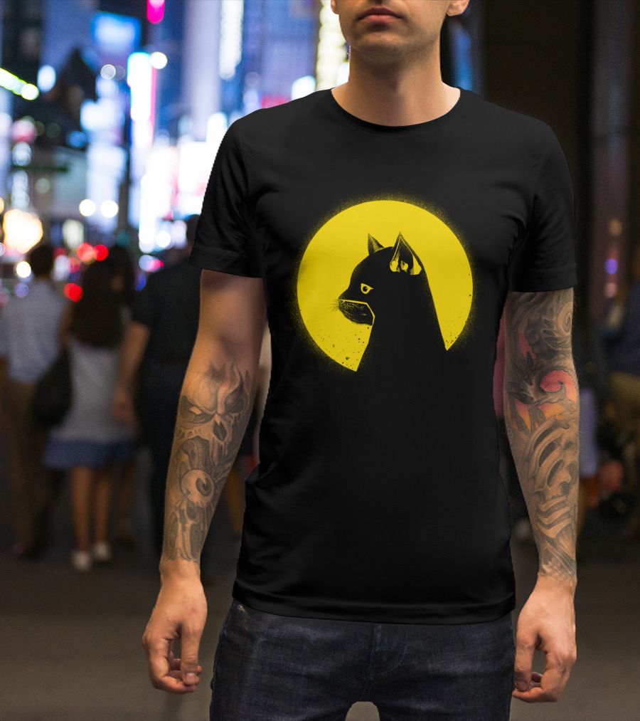 Hero Cat Silhouette Against Yellow Moon T-Shirt