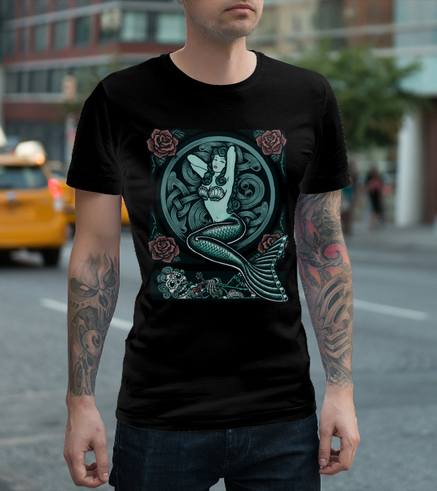 Blue Mermaid Roses Skeleton Art Deco T-Shirt