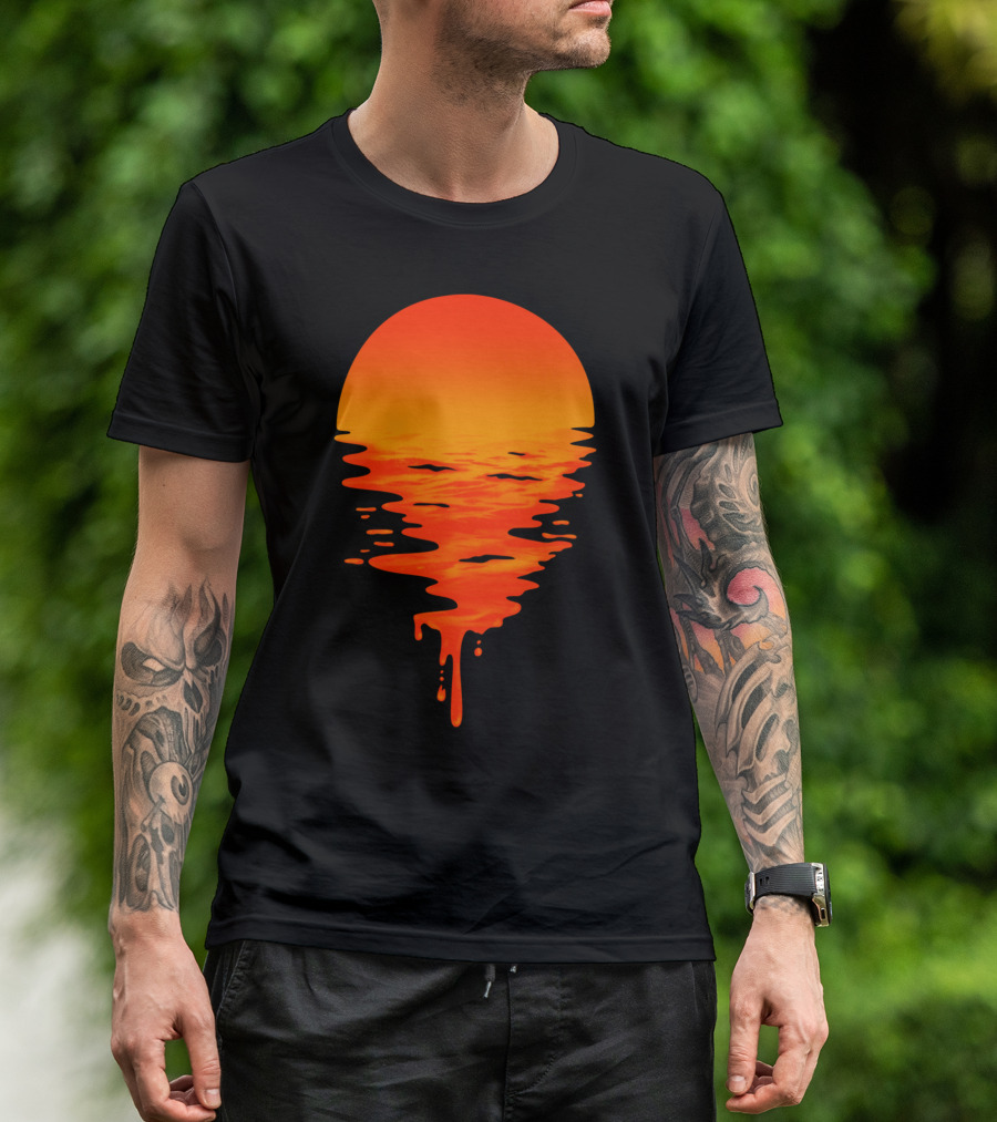 Melting Sunset With Dripping Sun And Ocean Waves T-Shirt