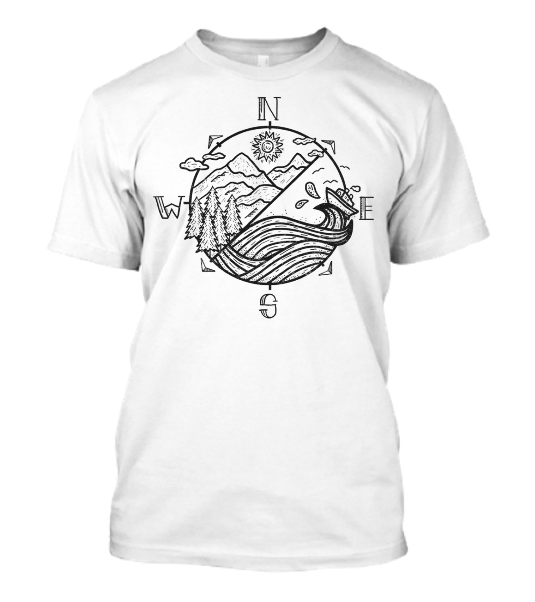 Compass North South East West Mountains Trees Waves Sun T-Shirt