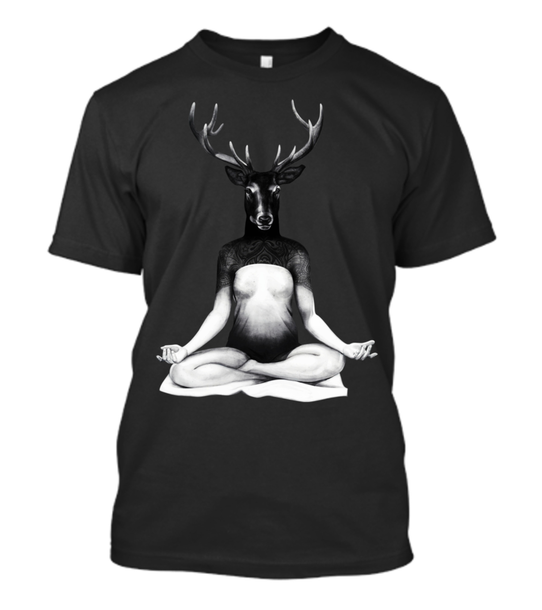Deer Yoga Meditation Pose With Antlered Head And Tattooed Shoulders T-Shirt