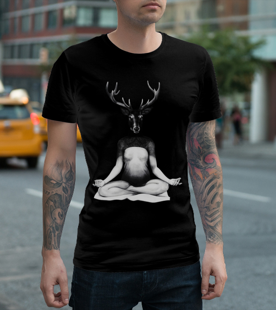 Deer Yoga Meditation Pose With Antlered Head And Tattooed Shoulders T-Shirt