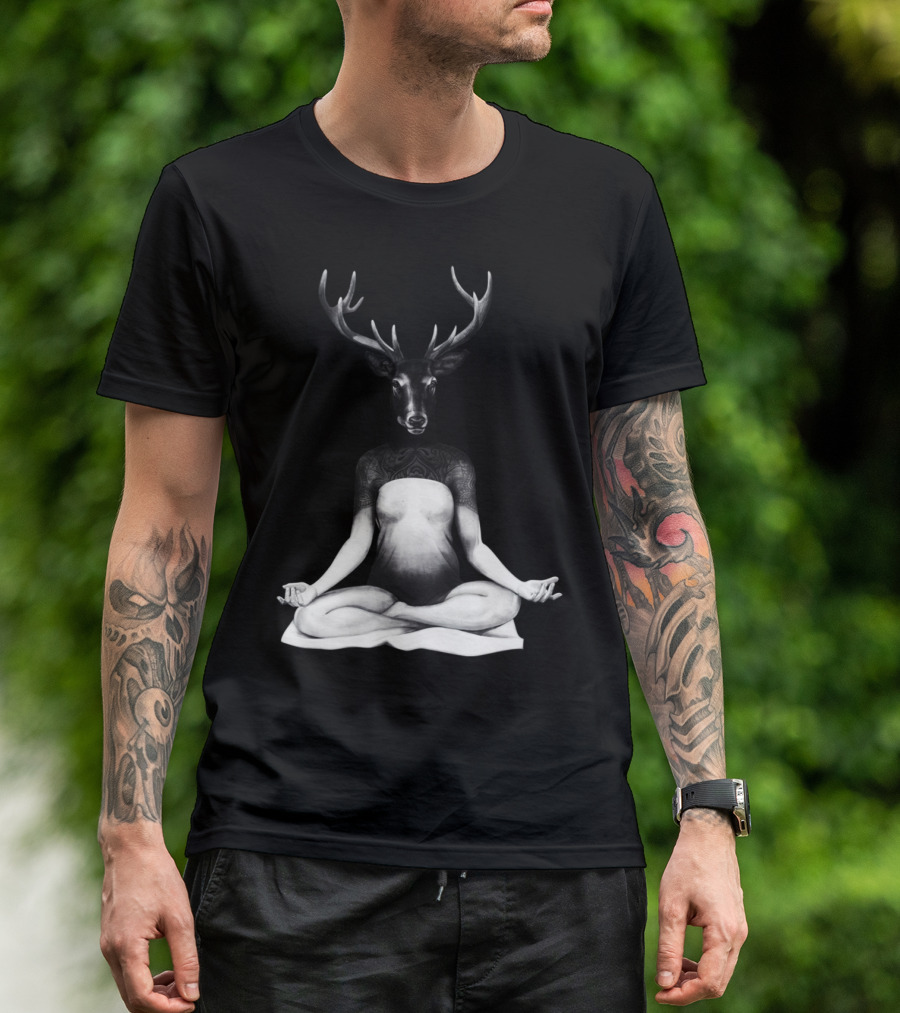 Deer Yoga Meditation Pose With Antlered Head And Tattooed Shoulders T-Shirt