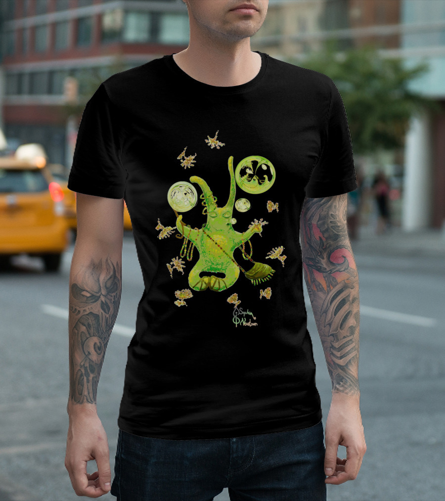 A Hippie Ravlekkian Peaceful Green Creature With Floating Bubbles And Stars By Sophia Medows T-Shirt