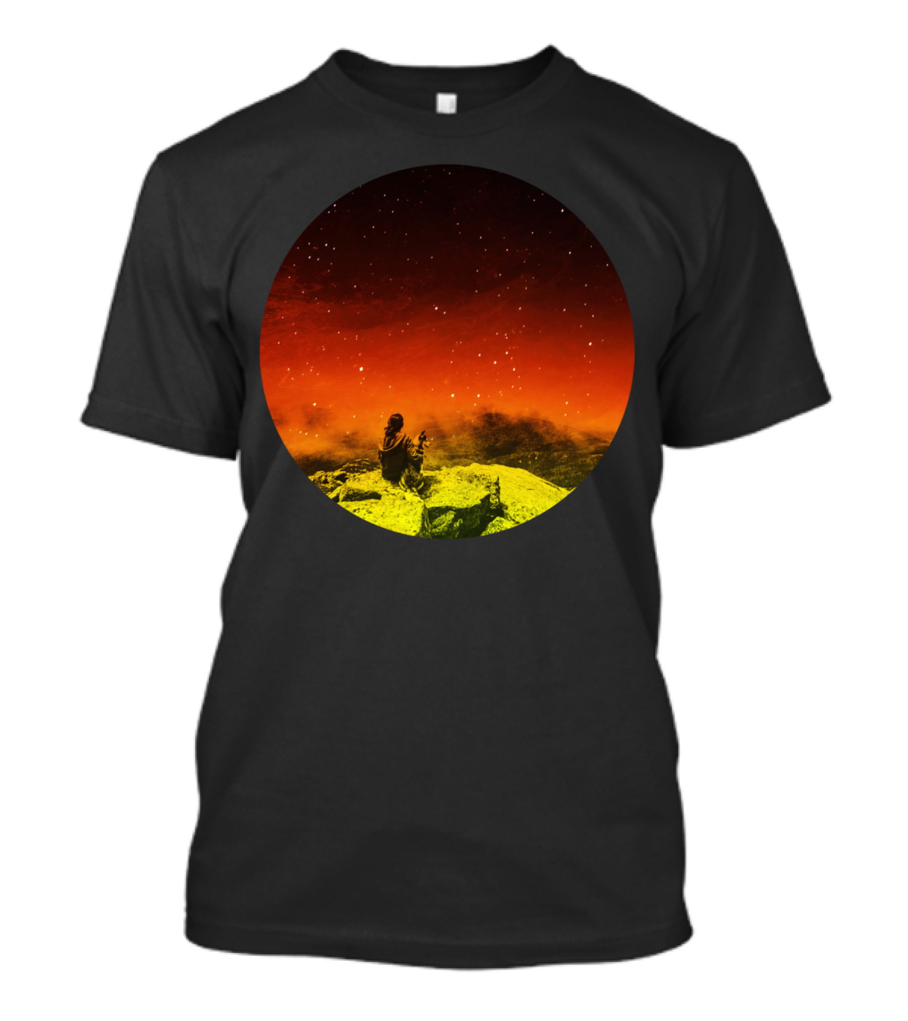 Burning Hill Starry Night Seated Figure And Dog On Vibrant Landscape T-Shirt