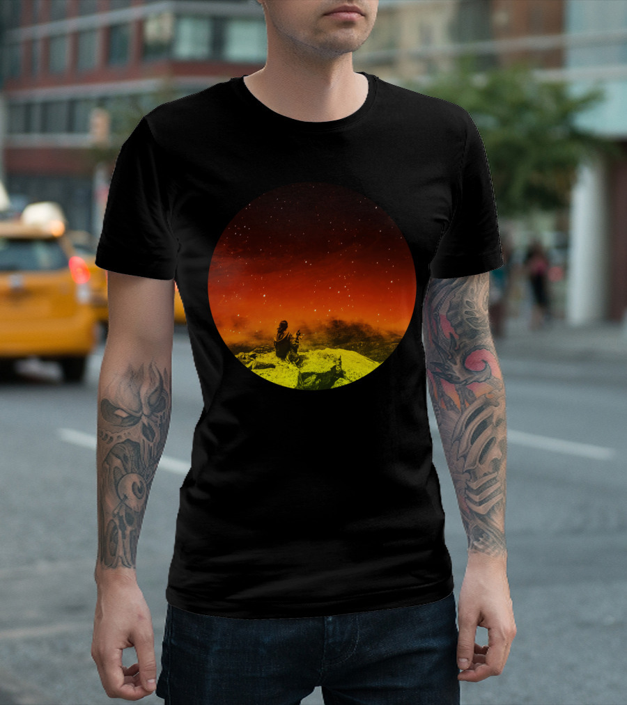 Burning Hill Starry Night Seated Figure And Dog On Vibrant Landscape T-Shirt