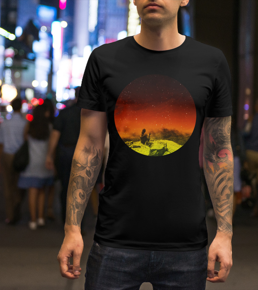Burning Hill Starry Night Seated Figure And Dog On Vibrant Landscape T-Shirt