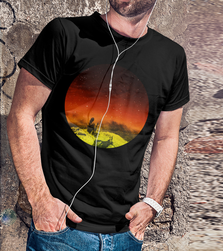 Burning Hill Starry Night Seated Figure And Dog On Vibrant Landscape T-Shirt