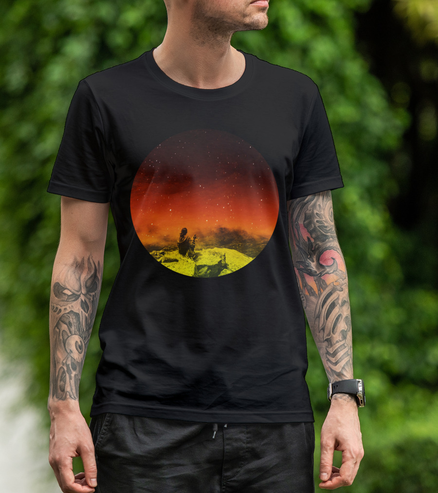 Burning Hill Starry Night Seated Figure And Dog On Vibrant Landscape T-Shirt