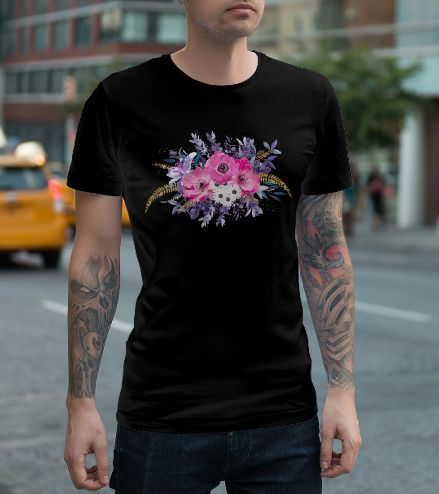 Romantic Gold And Purple Floral Arrangement With Pink Poppies And White Daisies T-Shirt