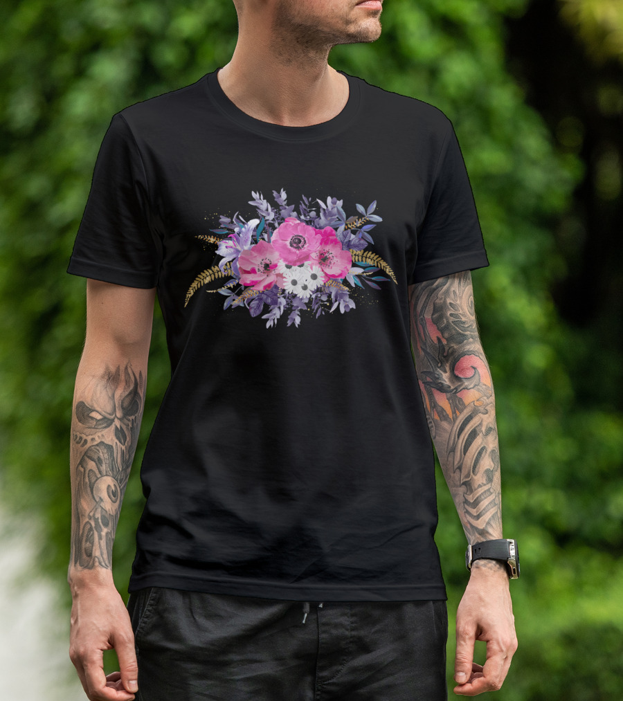 Romantic Gold And Purple Floral Arrangement With Pink Poppies And White Daisies T-Shirt