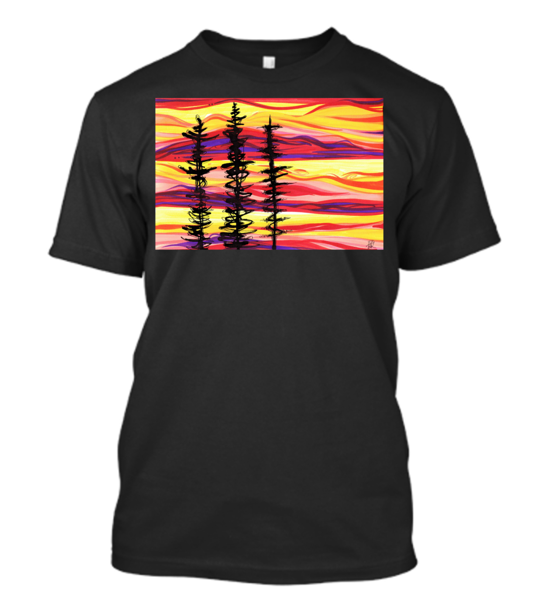 Burning Sky Three Silhouetted Trees Against A Vibrant Sunset Background T-Shirt