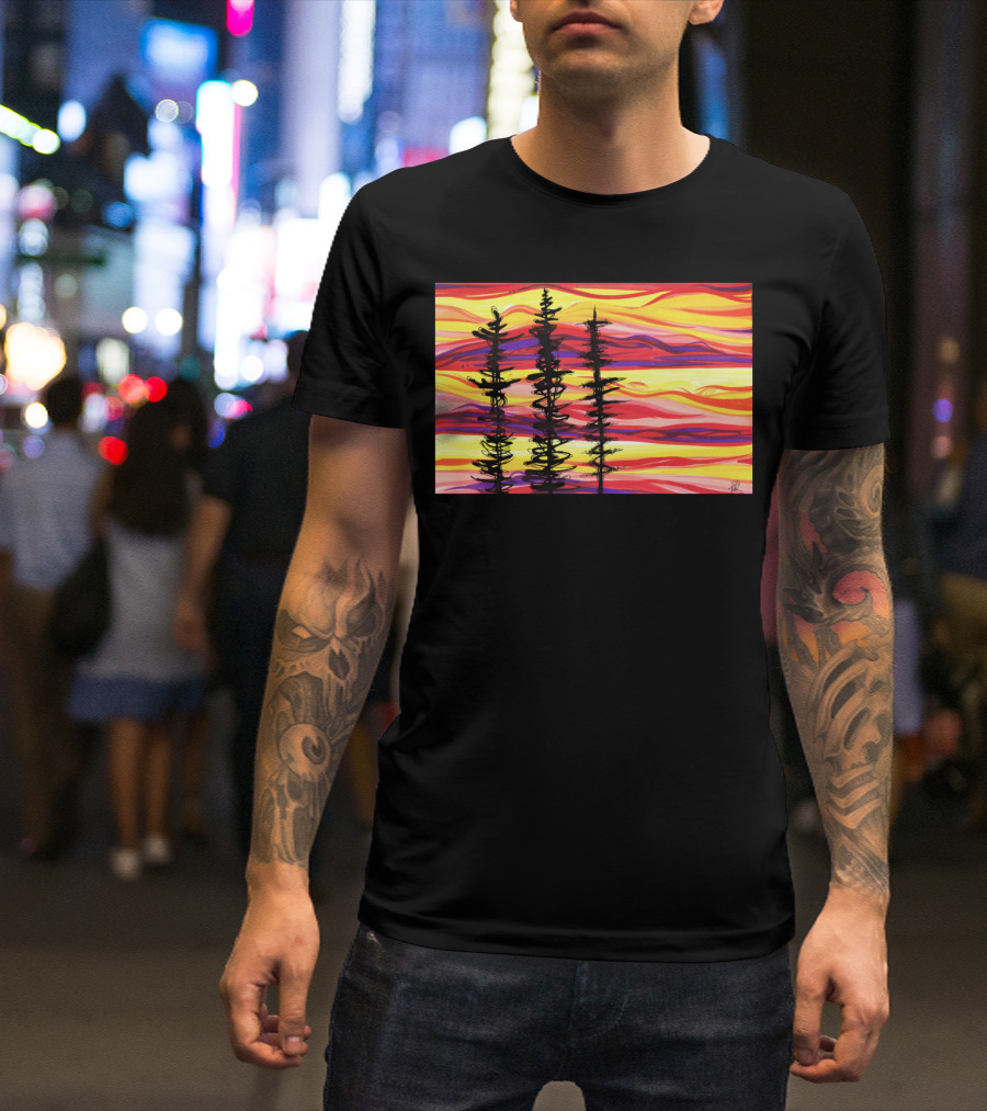 Burning Sky Three Silhouetted Trees Against A Vibrant Sunset Background T-Shirt