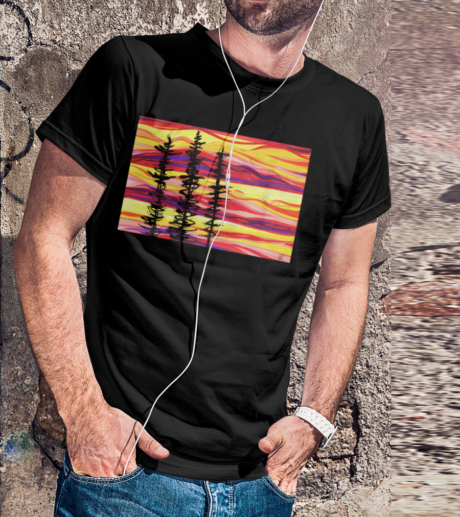 Burning Sky Three Silhouetted Trees Against A Vibrant Sunset Background T-Shirt