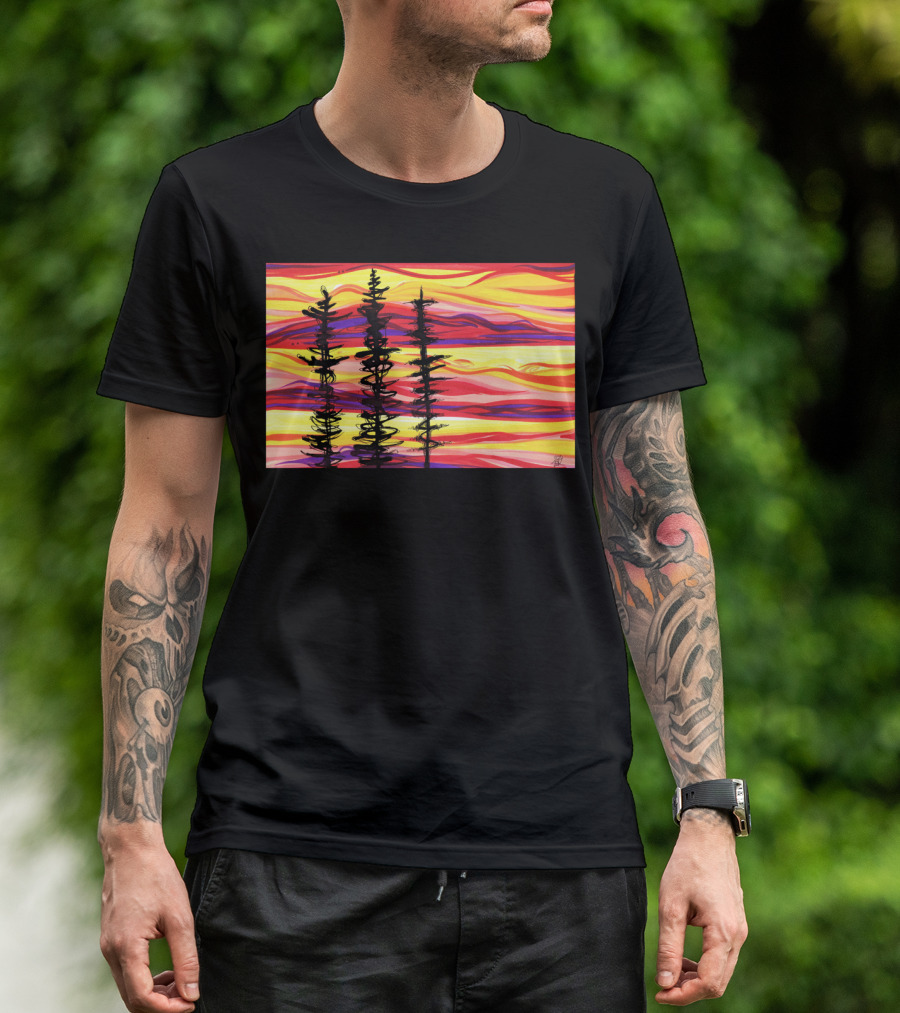 Burning Sky Three Silhouetted Trees Against A Vibrant Sunset Background T-Shirt