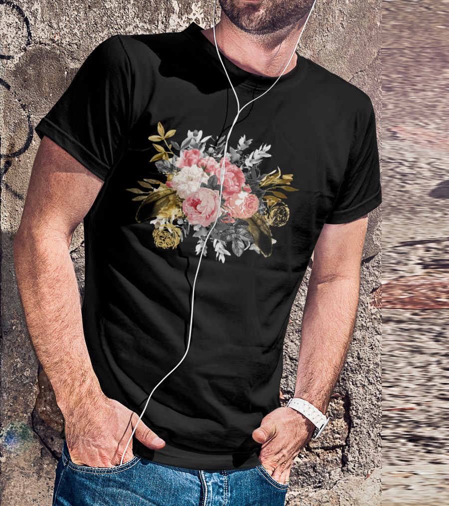 Romantic Vintage Roses And Geometric Foliage Bouquet T-Shirt
