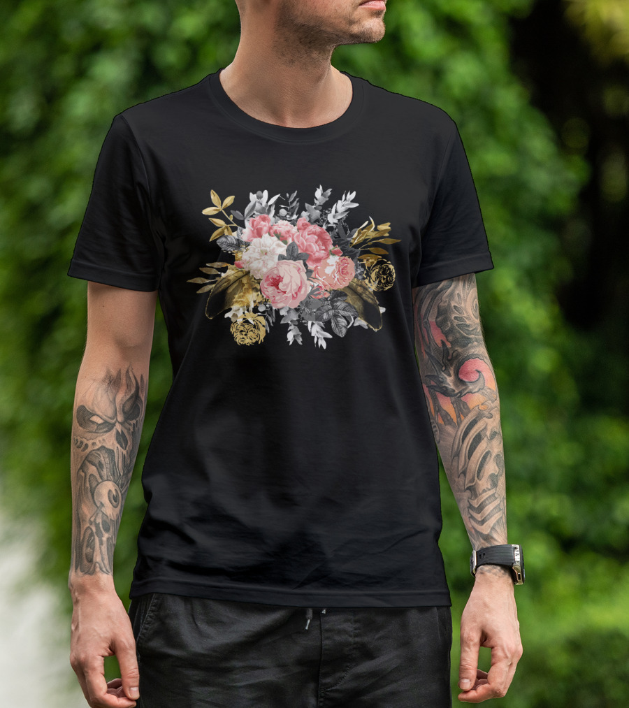 Romantic Vintage Roses And Geometric Foliage Bouquet T-Shirt