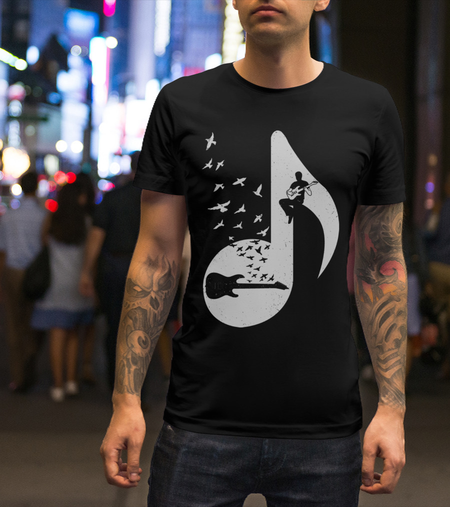 Electric Guitar Note With Birds Silhouette Music T-Shirt