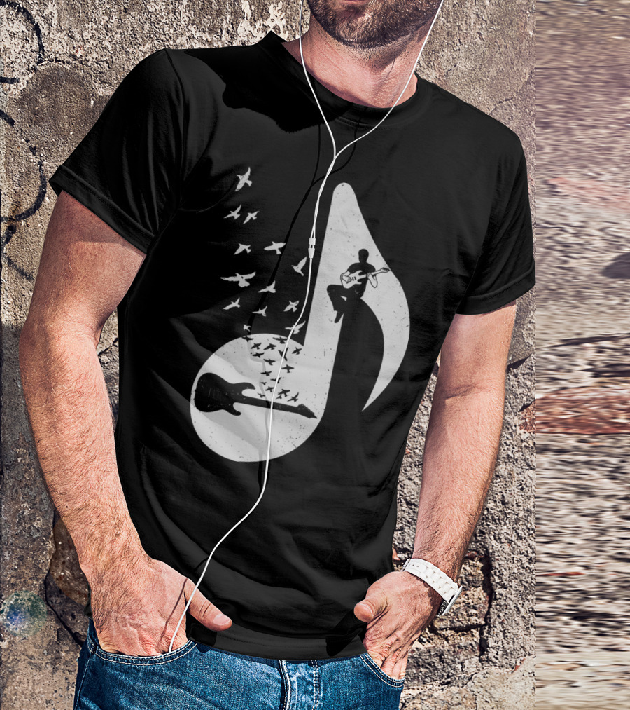 Electric Guitar Note With Birds Silhouette Music T-Shirt