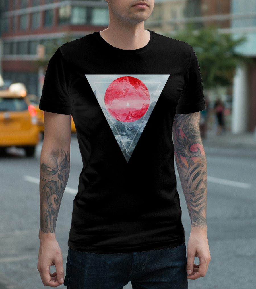 Environmental Geometry Triangular Surreal Landscape with Red Circle T-Shirt