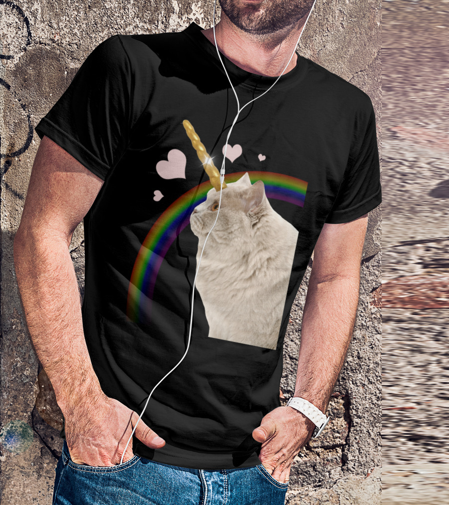 Unicorn Cat With Rainbow And Hearts T-Shirt
