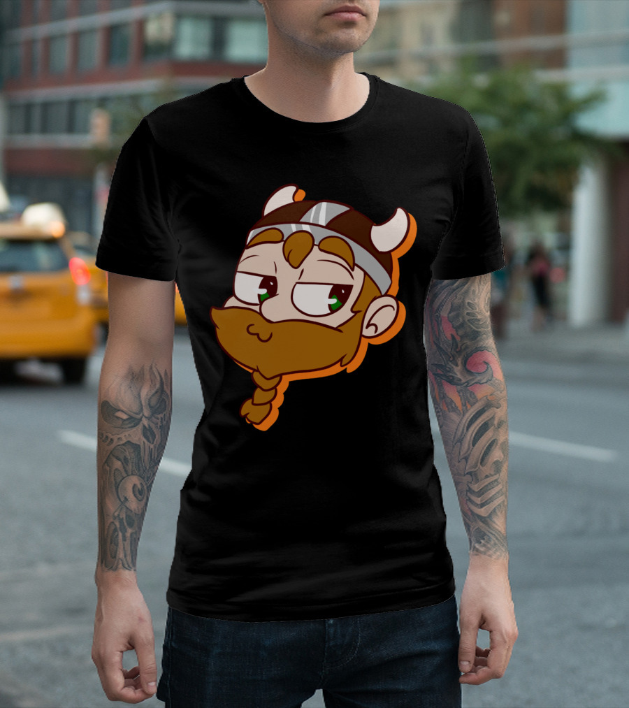 Flirtatious Viking Cartoon Character with Horned Helmet and Braided Beard T-Shirt