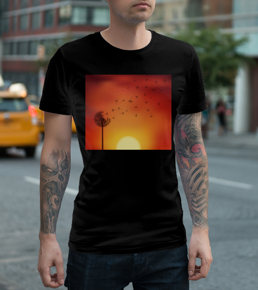 Sunset Seed Escape Dandelion Silhouette Against Orange Sky T-Shirt