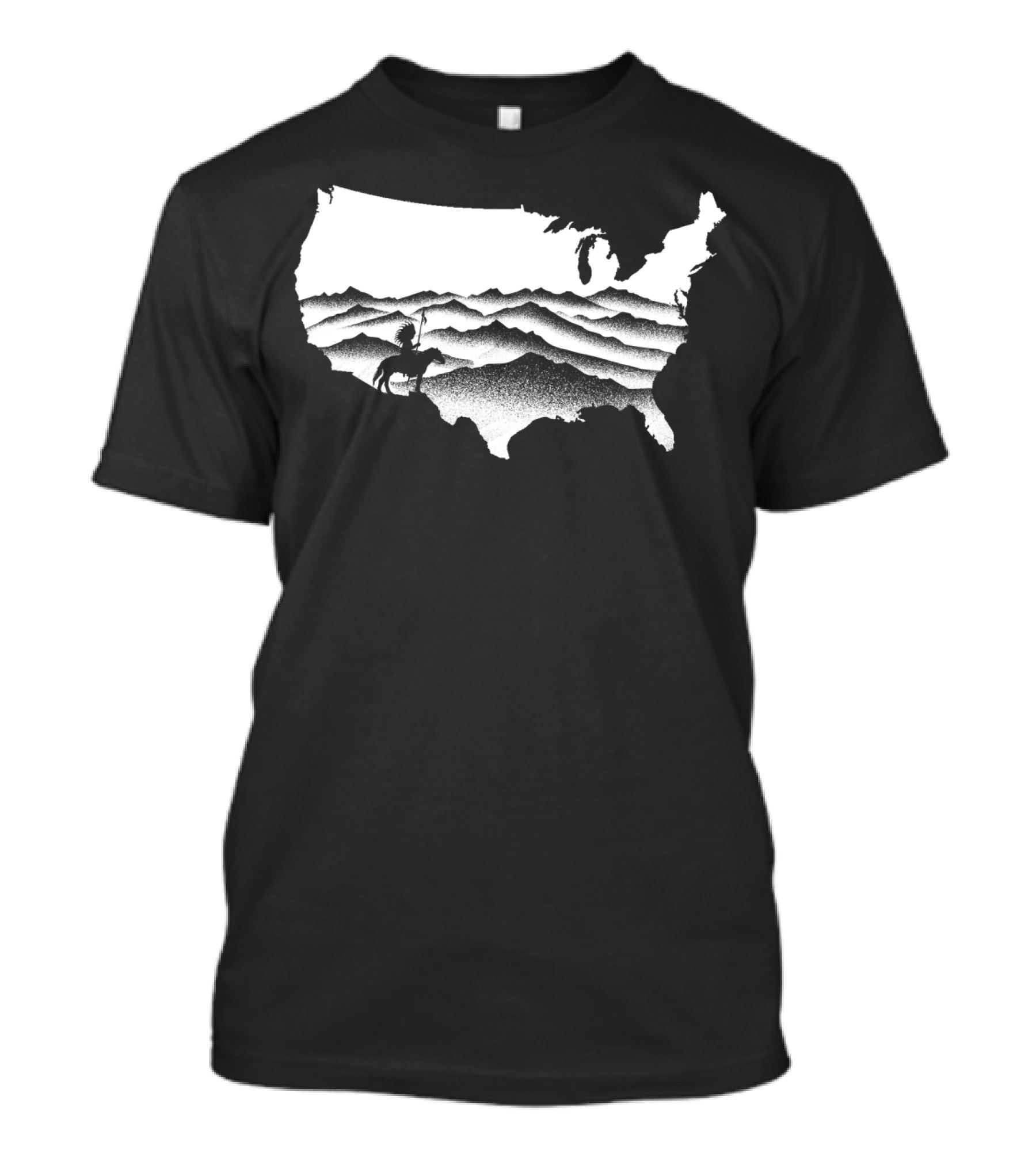 Native American Warrior On Horseback In Mountainous USA Map T-Shirt