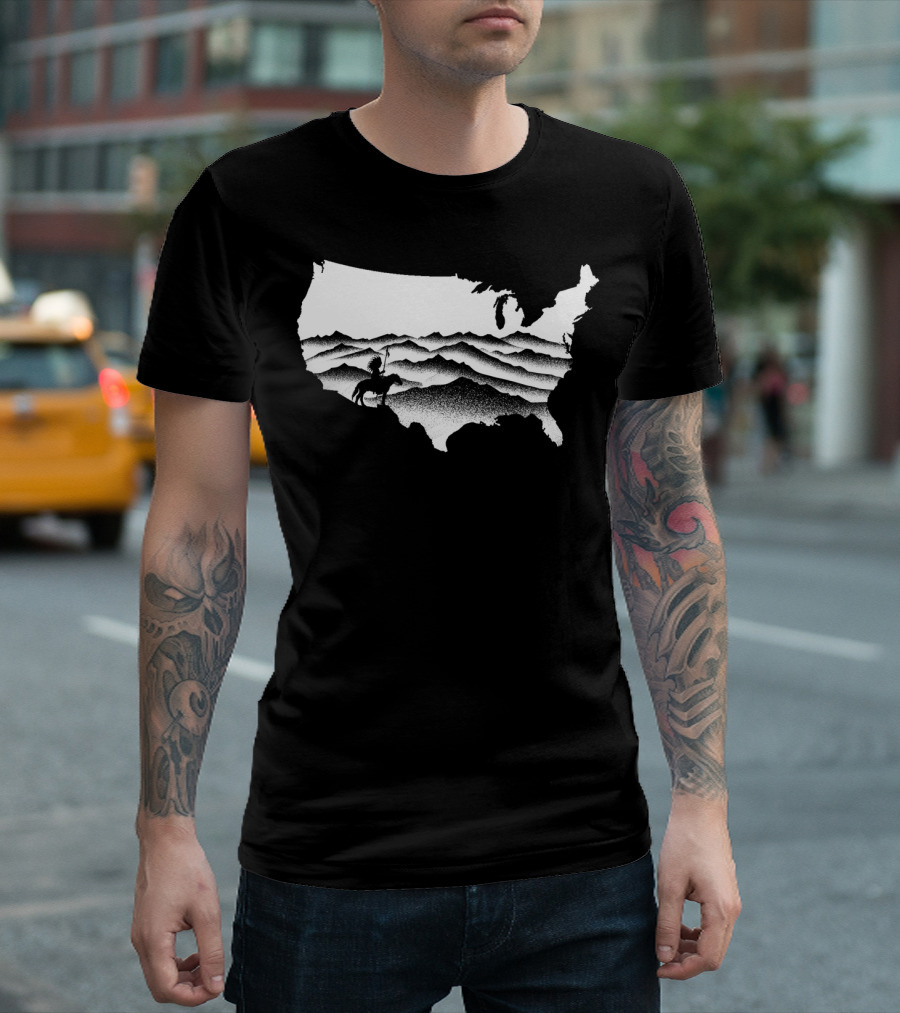 Native American Warrior On Horseback In Mountainous USA Map T-Shirt