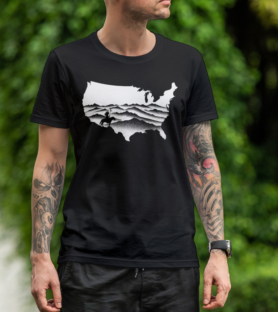 Native American Warrior On Horseback In Mountainous USA Map T-Shirt