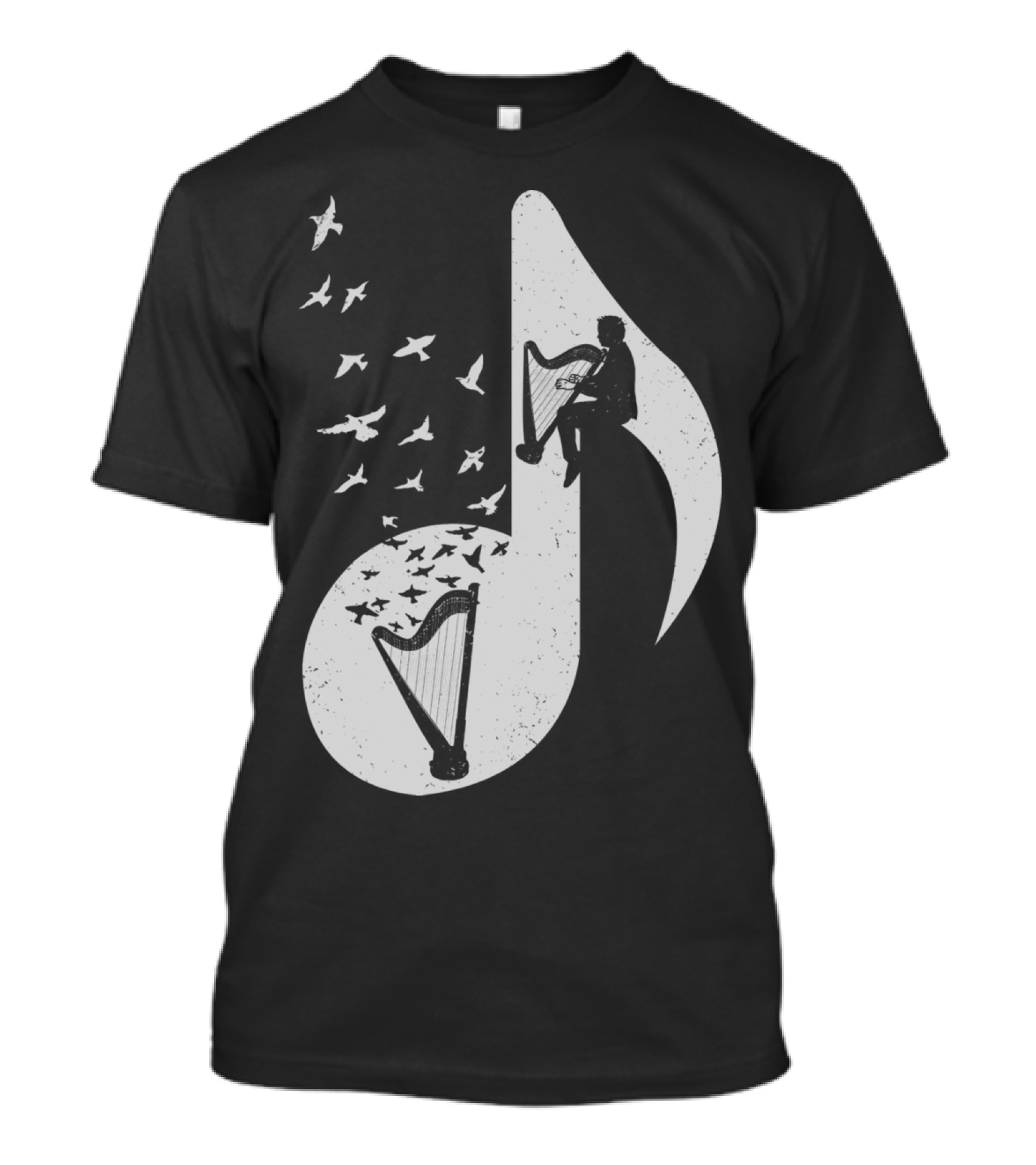 Silhouette Harp Musical Note With Birds T-Shirt