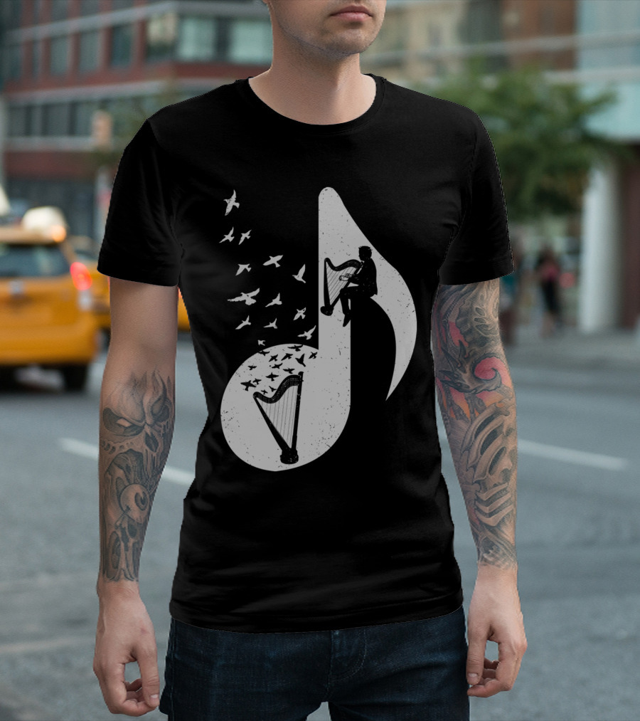 Silhouette Harp Musical Note With Birds T-Shirt