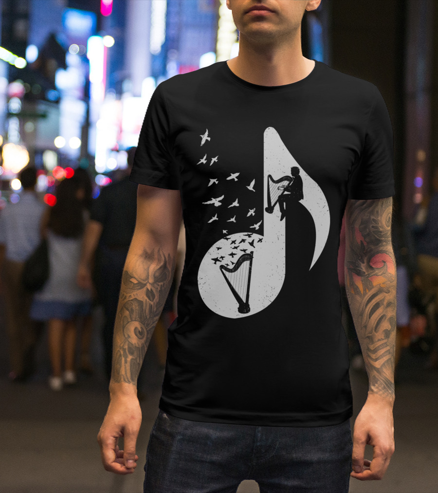 Silhouette Harp Musical Note With Birds T-Shirt