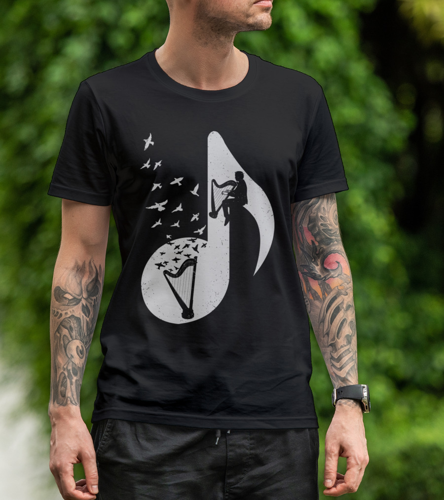 Silhouette Harp Musical Note With Birds T-Shirt