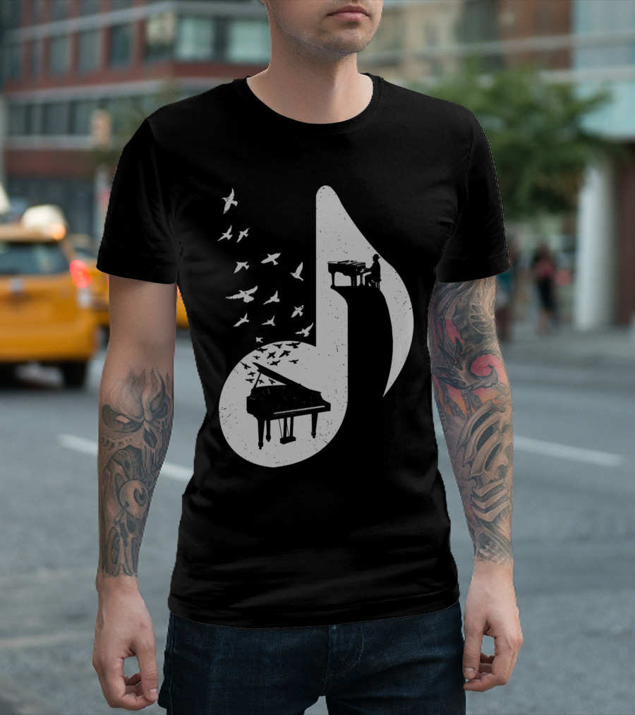 Musical Note With Piano And Flying Birds T-Shirt