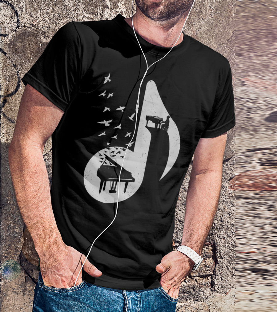 Musical Note With Piano And Flying Birds T-Shirt