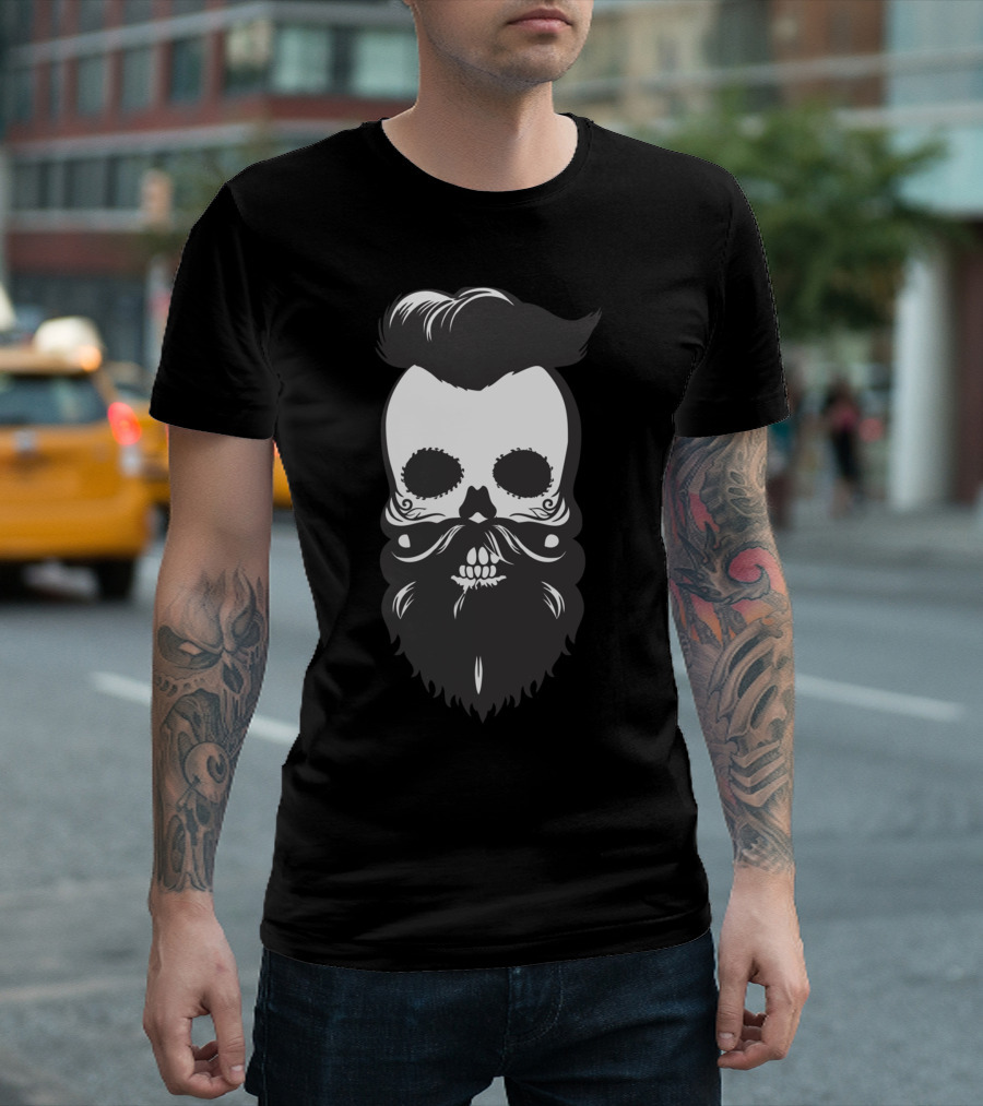 Bearded Mustache Skull with Hair T-Shirt
