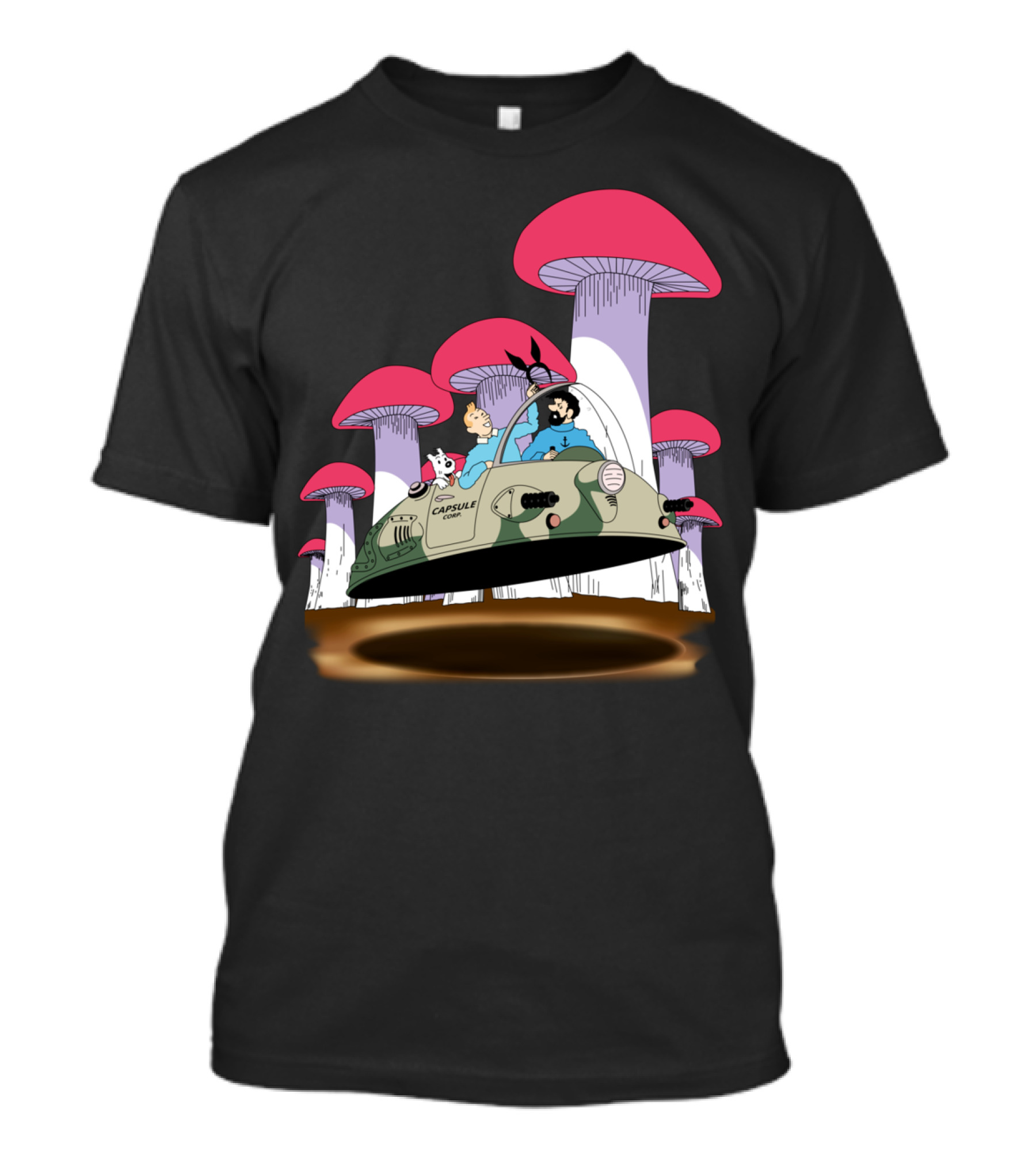 Tintin Joins Capsule Corp Adventure With Giant Pink Mushrooms And The Rabbit Mob T-Shirt