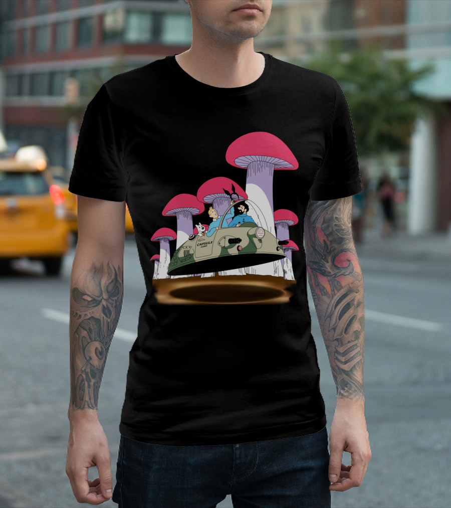 Tintin Joins Capsule Corp Adventure With Giant Pink Mushrooms And The Rabbit Mob T-Shirt