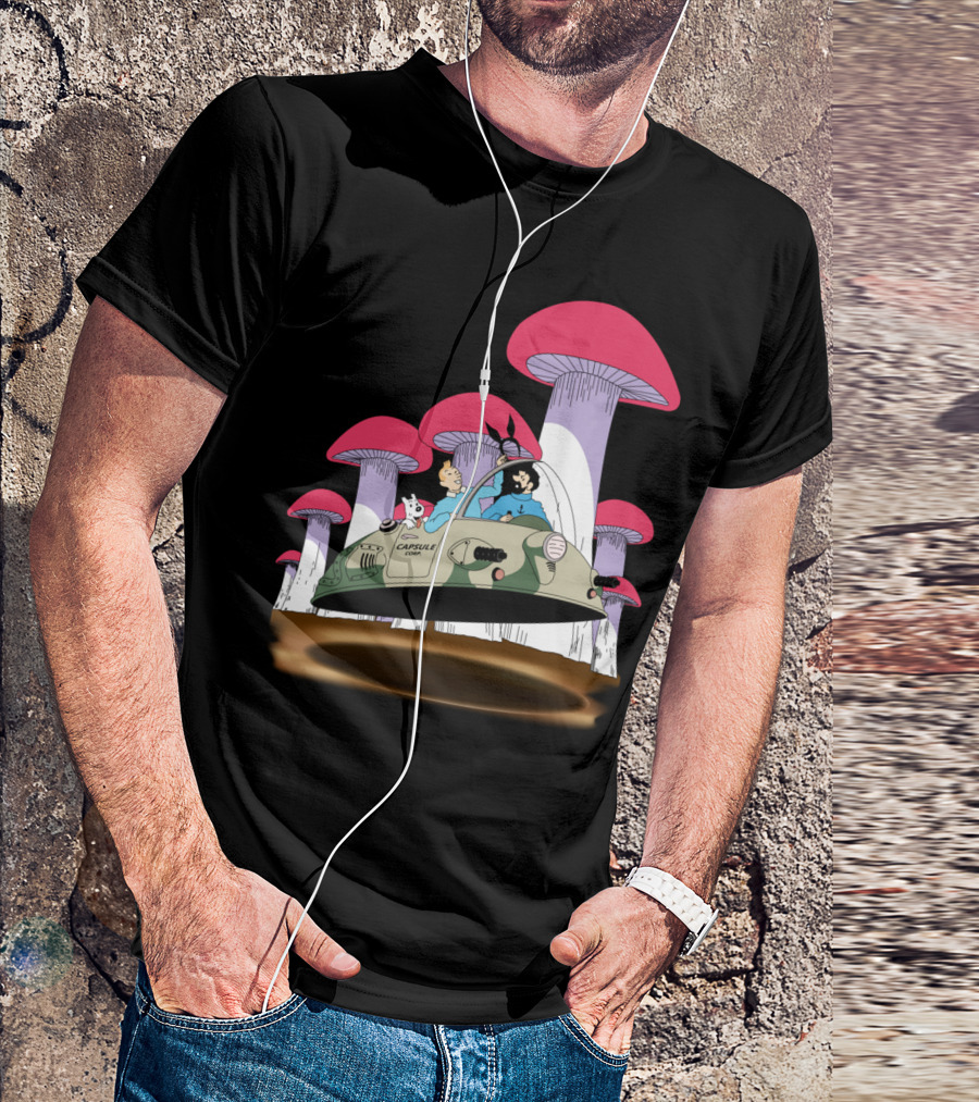 Tintin Joins Capsule Corp Adventure With Giant Pink Mushrooms And The Rabbit Mob T-Shirt