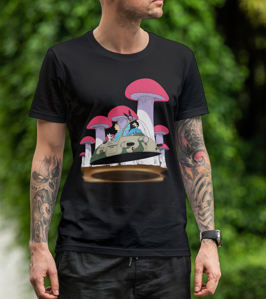 Tintin Joins Capsule Corp Adventure With Giant Pink Mushrooms And The Rabbit Mob T-Shirt
