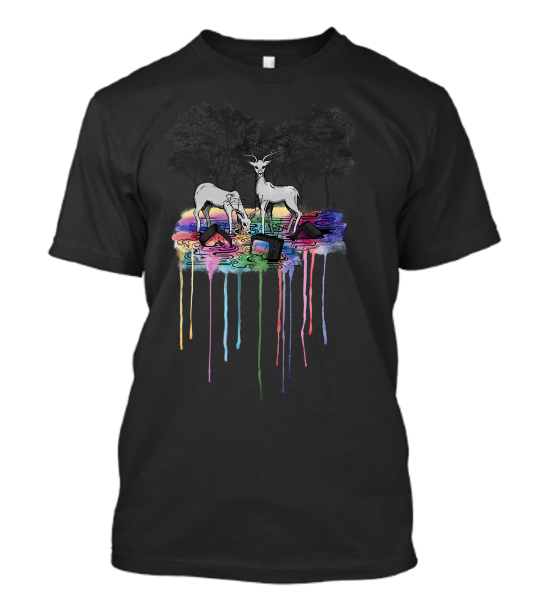 Natural Reception: Deer By Colorful Pond In Forest T-Shirt