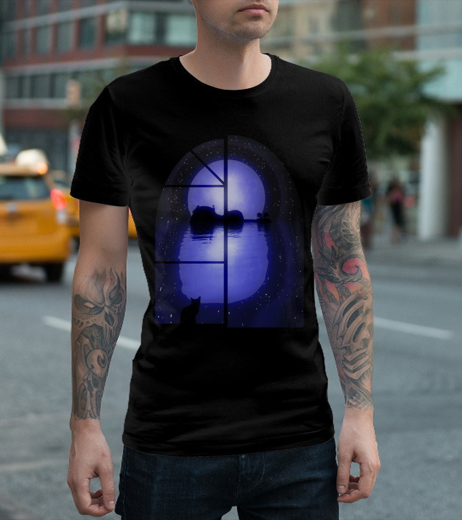 A Little Night Music Moonlit Scene with Cat Silhouette and Starry Reflection T-Shirt