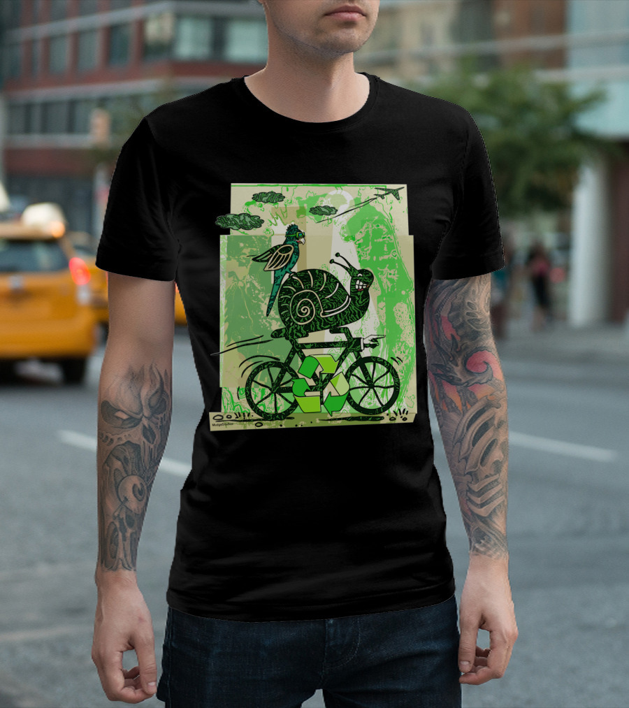 A Little Slow To Recycle Snail and Bird on Bicycle with Green Recycling Symbols T-Shirt
