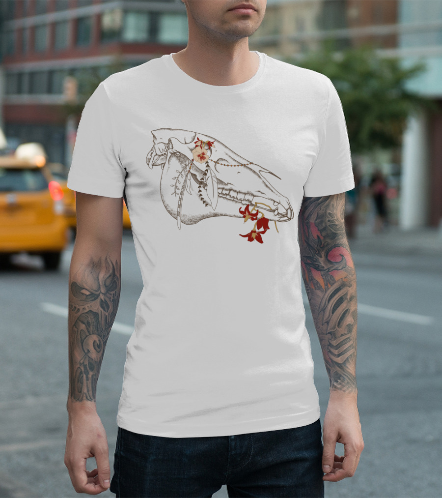Equus Ferus Caballus Floral Horse Skull with Red and White Flowers T-Shirt