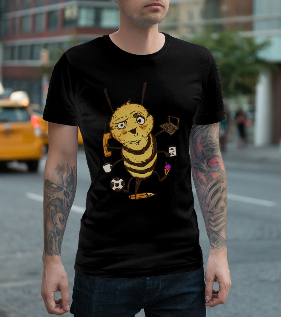 Busy Bumblebee Multitasking Laptop Phone Coffee Soccer Ice Cream Pen T-Shirt