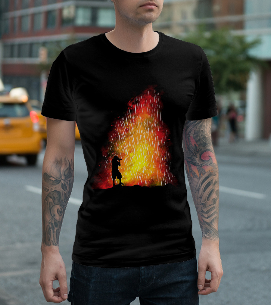Eruption Volcano Silhouette Saxophone Player in Fiery Explosion T-Shirt