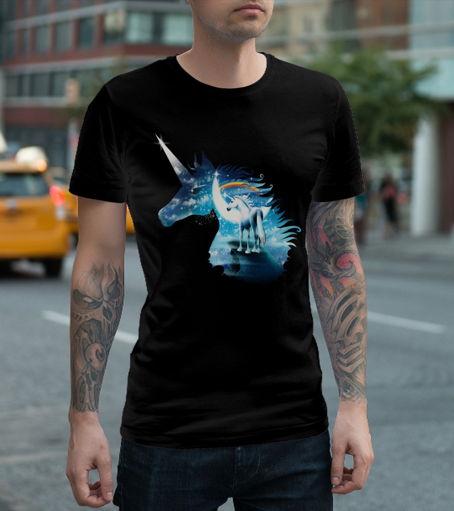 A Magical Moment Unicorn with Rainbow and Moonlit Sky T-Shirt